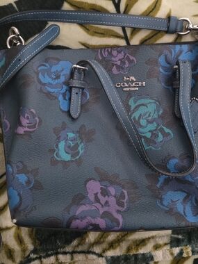 COACH Teal Floral Leather Shoulder Bag with Purple & Aqua Accents